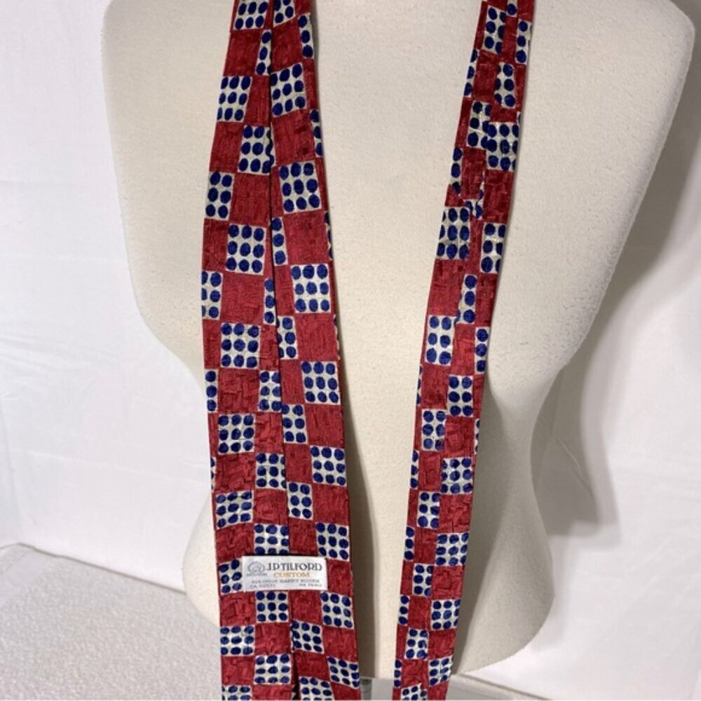 Vintage J.P. Tilford Henry Rosen Red White Blue Square Print 100% Silk Tie - Picture 6 of 11